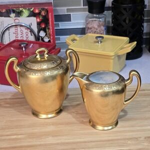 Vintage Gold Lusterware Sugar Bowl & Creamer Set Art Deco Japan Floral